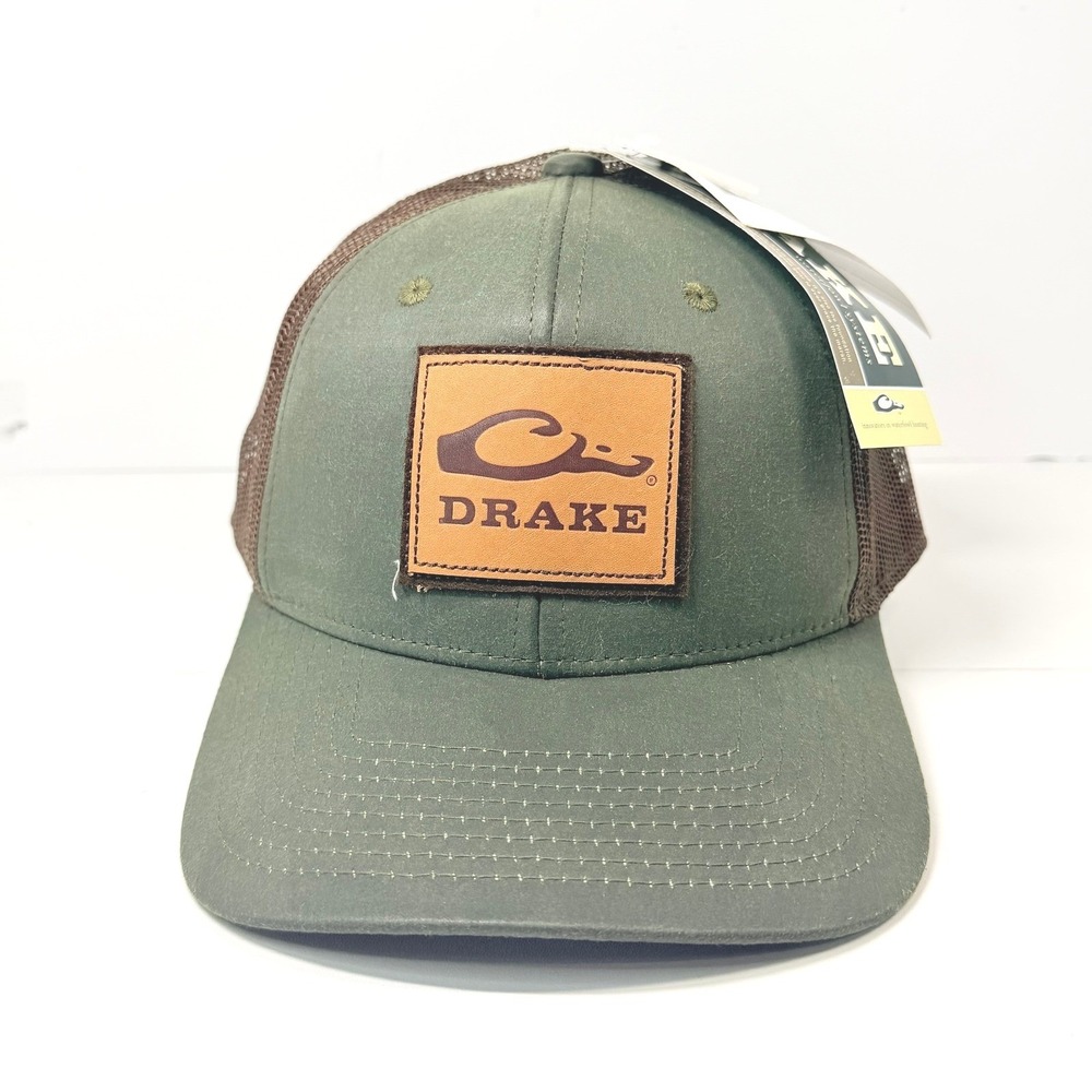 Drake Waterfowl Mesh Back Hat OSFM Green Brown Leather Patch Trucker Cap